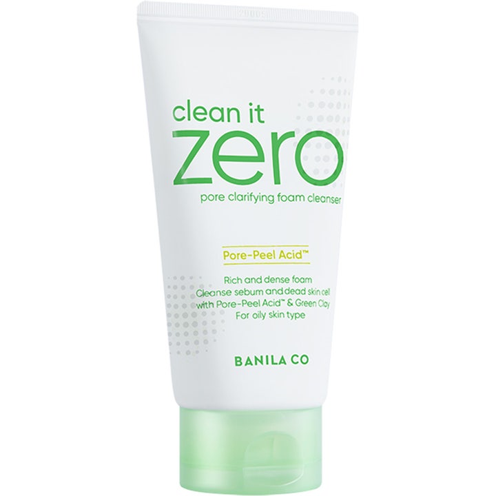 Banila Co Clean It Zero Pore Clarifying Foam Cleanser 150 ml i hvit tube som gir dyprens med grønn leire
