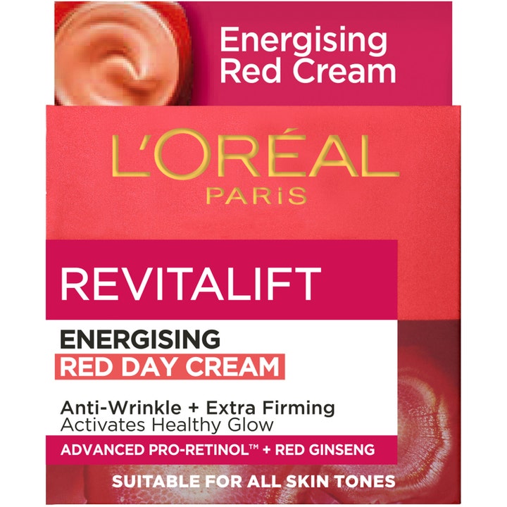 L'Oréal Paris Revitalift Ginseng Glow Day Cream 50 ml energigivende dagkrem i rød eske som gir huden sunn glød