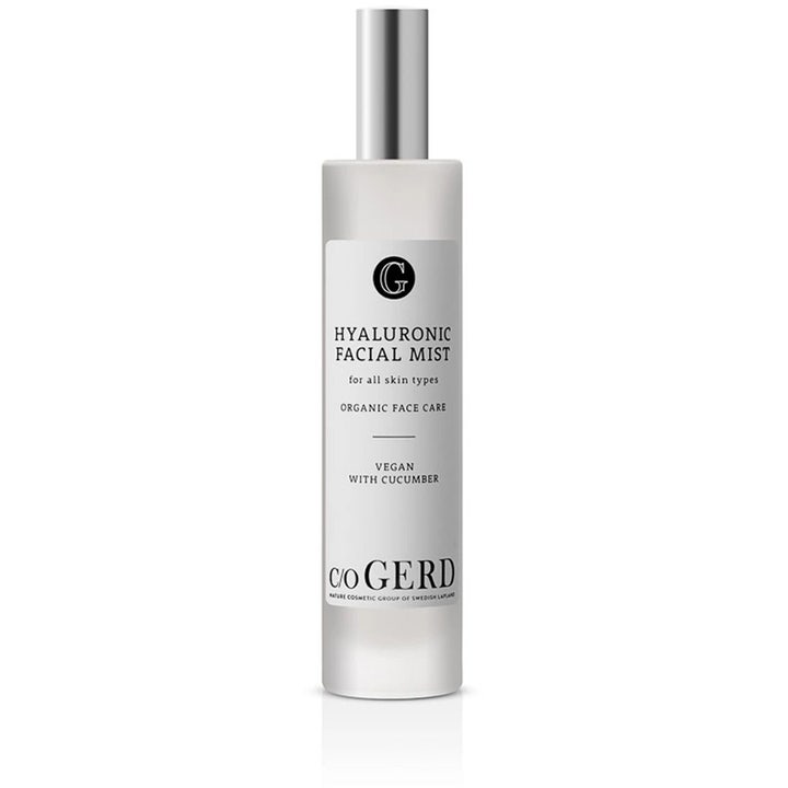 c/o Gerd Hyaluronic Facial Mist 100ml fuktighetsgivende ansiktsspray i frostet glassflaske med sølvpumpe.