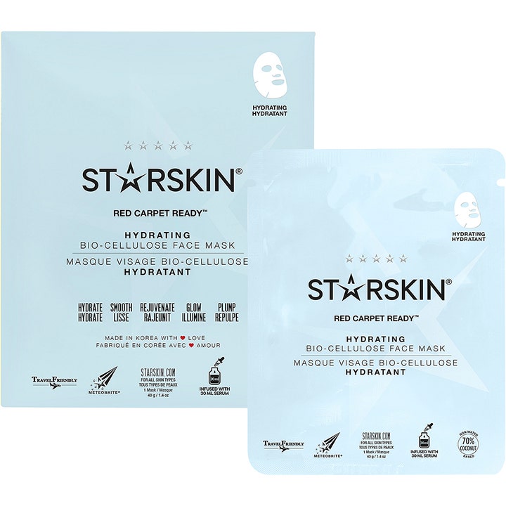 Starskin Red Carpet Ready 40 g fuktighetsgivende sheet mask i to lyseblå poser som gir huden intens glød