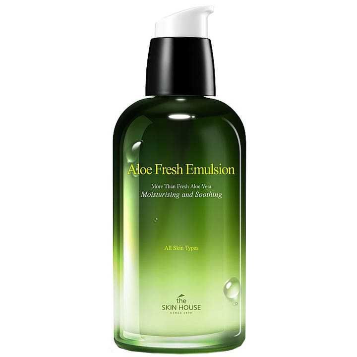 The Skin House Aloe Fresh Emulsion 130ml beroligende ansiktsemulsjon i grønnfarget flaske med sort pumpe som gir fuktighet