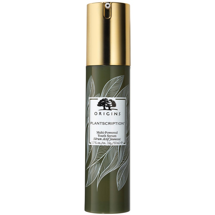 Origins Plantscription Multi-Powered Youth Serum 50 ml antialdringsserum i grønn flaske med gullpumpe og hvite blader