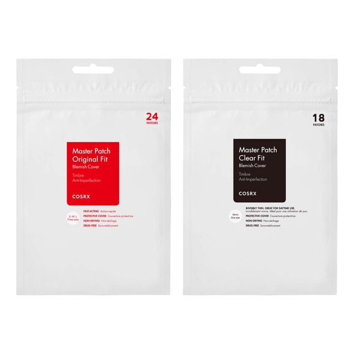 COSRX Master Patch Original Fit 24stk og Clear Fit 18stk kviseplaster mot urenheter i hvite poser med rød og sort logo