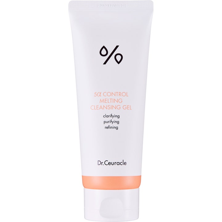 Dr. Ceuracle 5α Control Melting Cleansing Gel 150ml klargjørende ansiktsrens i hvit tube med ferskenfarget detalj.
