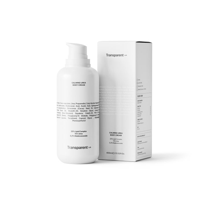 Niche Beauty Lab Transparent Lab Calming Urea Body Cream 400 ml fuktighetskrem i hvit pumpeflaske med eske