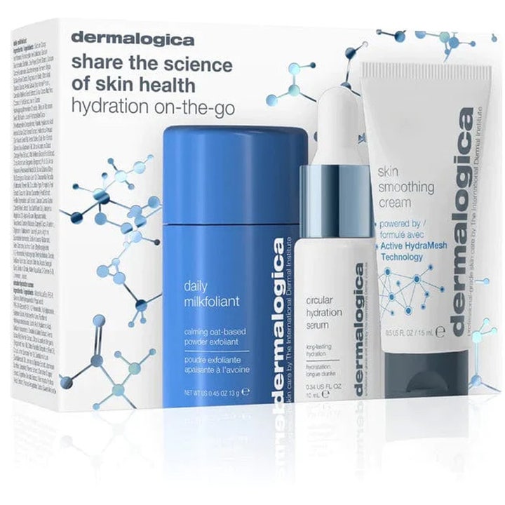 Dermalogica Share The Science of Skin Health sett med fuktighetsgivende produkter i blå og hvit emballasje.