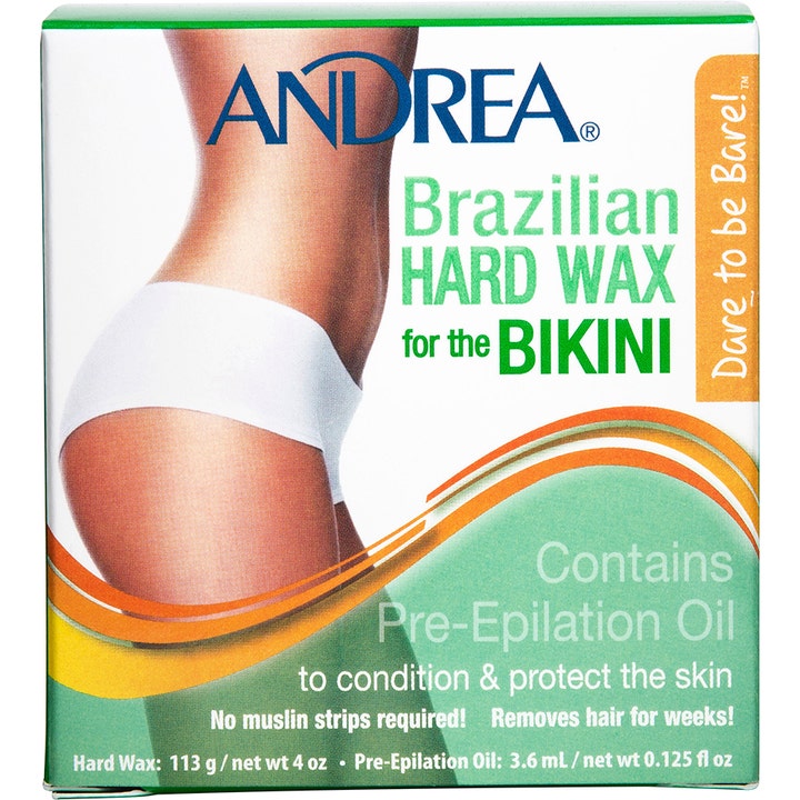 Andrea Brazilian Hard Wax for the Bikini 113 g hårfjerningsvoks som gir glatt hud i hvit eske med grønne detaljer