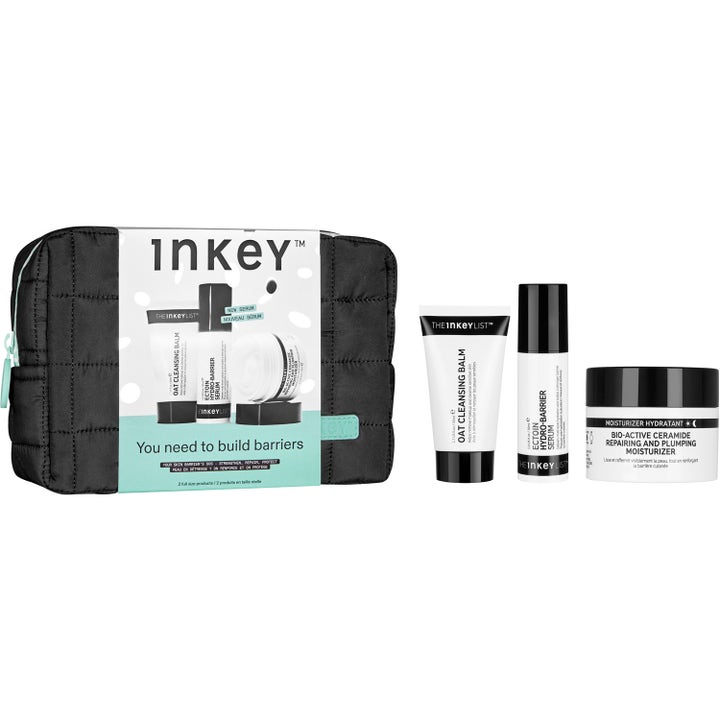 The INKEY List Barrier Set med rens serum og ansiktskrem i en svart vattert toalettmappe som styrker huden