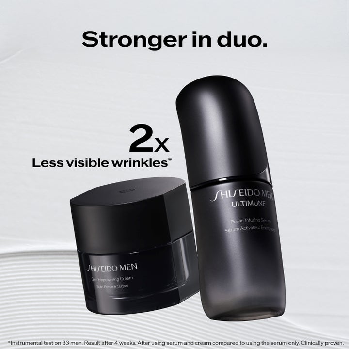 Shiseido Ultimune Men 2.0 Power Infusing Concentrate 50 ml serum og ansiktskrem i svarte krukker gir mindre synlige rynker.