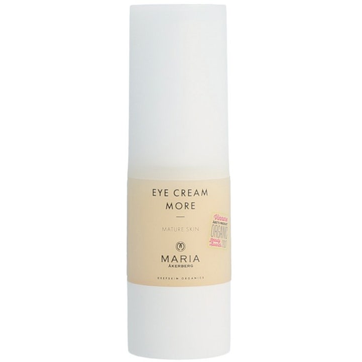 Maria Åkerberg Eye Cream More 15 ml øyekrem for moden hud i en hvit sylindrisk pumpeflaske med beige etikett.