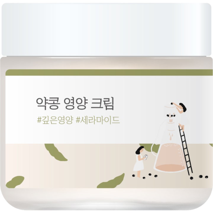 Round Lab Soybean Nourishing Cream nærende ansiktskrem i hvit krukke med bønneillustrasjon og koreansk skrift