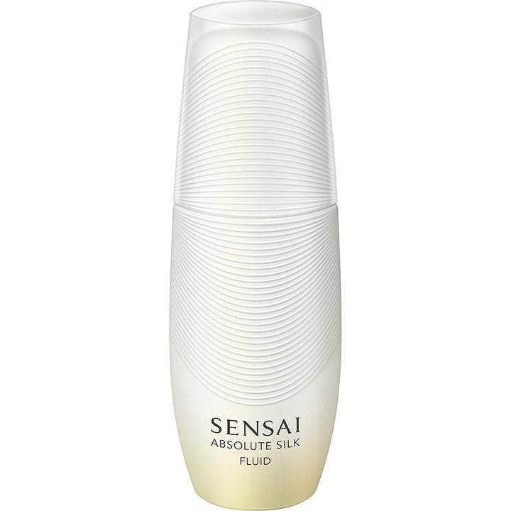 Sensai Absolute Silk Fluid 80 ml fuktgivende ansiktsemulsjon i elegant hvit flaske med rillet tekstur og gullbunn.