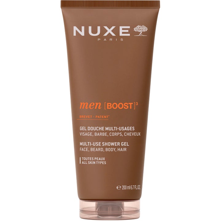 Nuxe Men Boost Multi-Use Shower Gel 200 ml rensende dusjgelé for alle hudtyper i en brun tube med oransje skrift