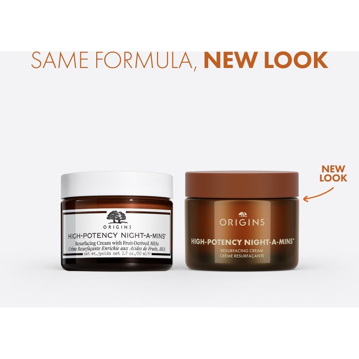 Origins High-Potency Night-A-Mins 50 ml eksfolierende nattkrem i gammel og ny brun glasskrukke med teksten New Look