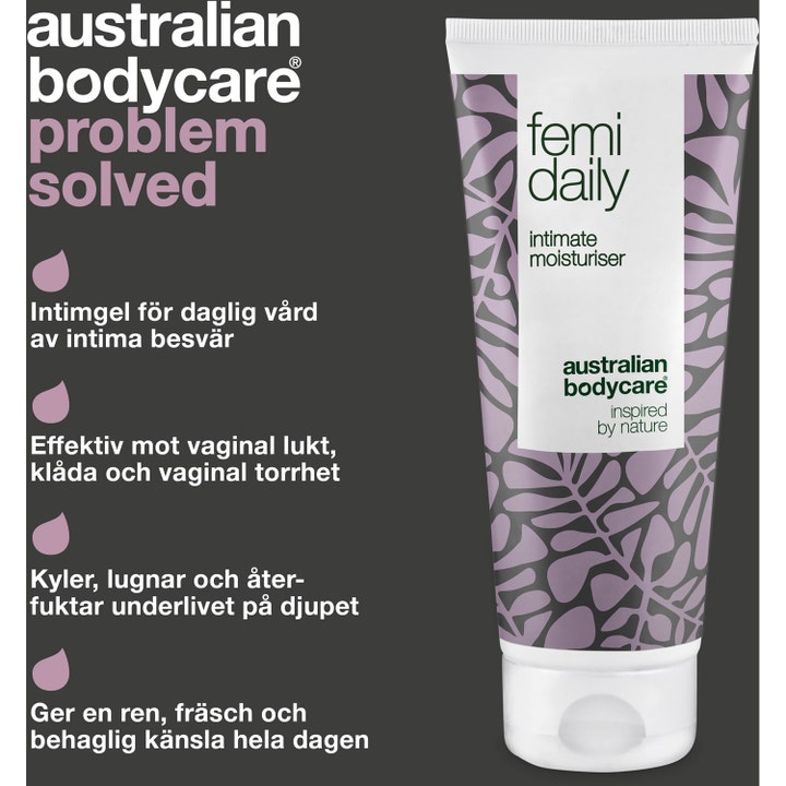 Australian Bodycare Femi Daily 100 ml intimvård mot lukt og kløe i en hvit tube med lilla bladmønster