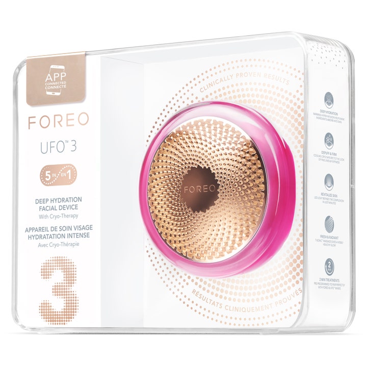 FOREO UFO 3 Fuchsia 1 stk ansiktsenhet i gjennomsiktig boks som gir dyp fuktighet og glød