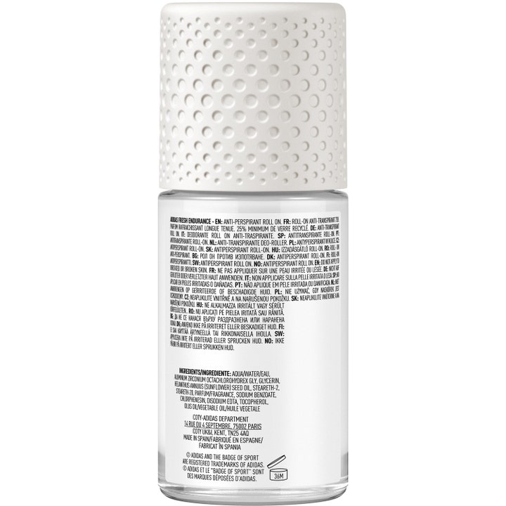 Adidas Climacool For Her 50 ml deodorant i glassflaske med hvit teksturert kork og detaljert ingrediensliste bak