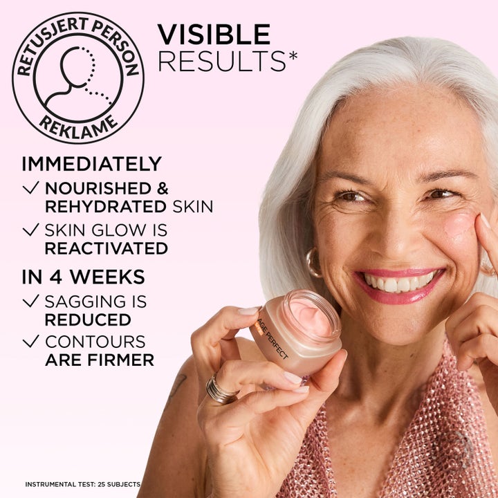 L'Oréal Paris Age Perfect Golden Age 50 ml dagkrem gir glød vist av smilende kvinne som påfører rosa krem.
