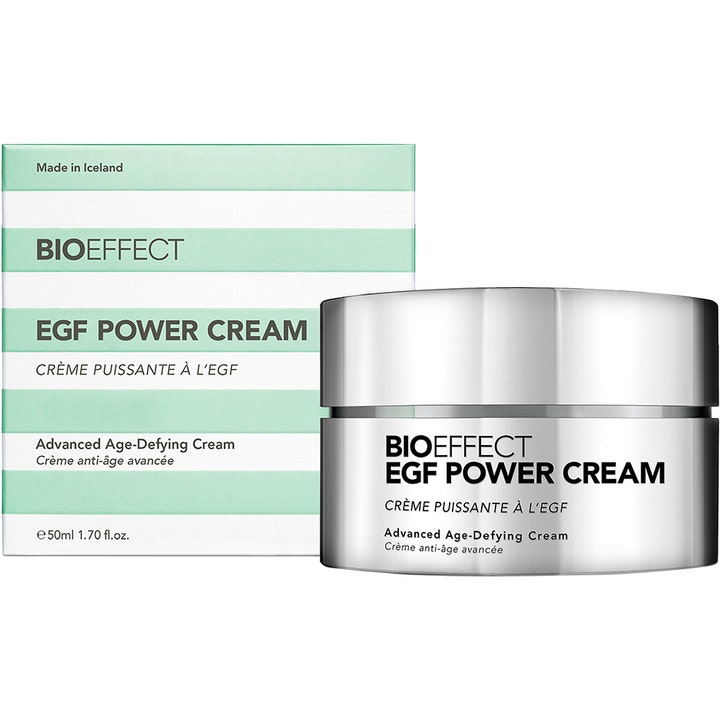 Bioeffect EGF Power Cream 50 ml anti-age ansiktskrem i sølvfarget krukke med hvit og grønnstripet eske.