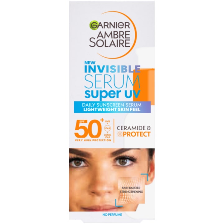 Garnier Ambre Solaire Super UV Invisible Serum 30 ml solserum med SPF 50 i hvit eske med Ceramide & Protect.