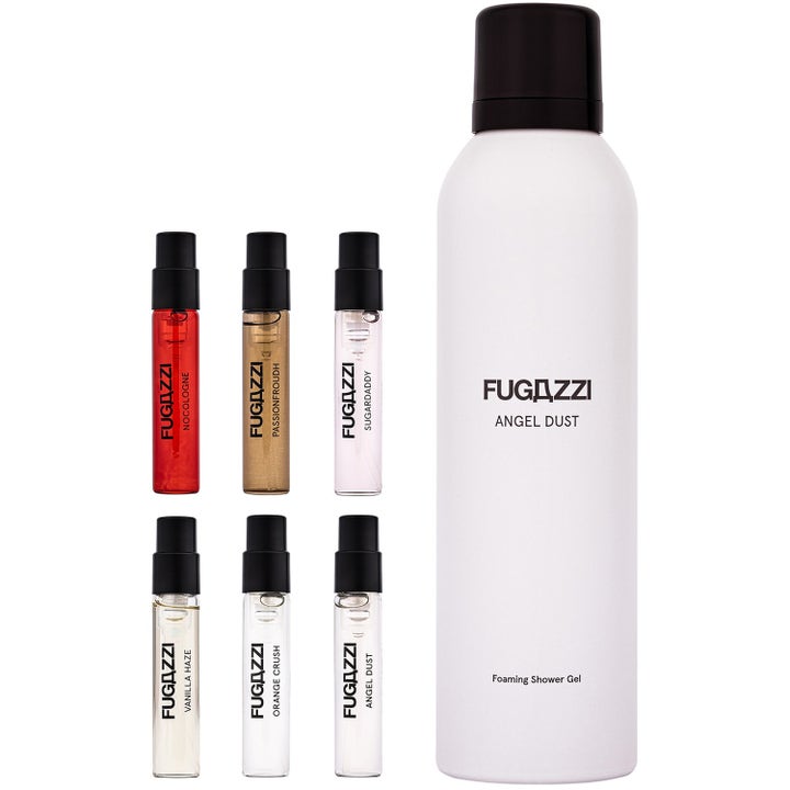 Fugazzi Bestseller Set Body Foam 262 ml med seks duftprøver og en stor hvit flaske Angel Dust dusjskum