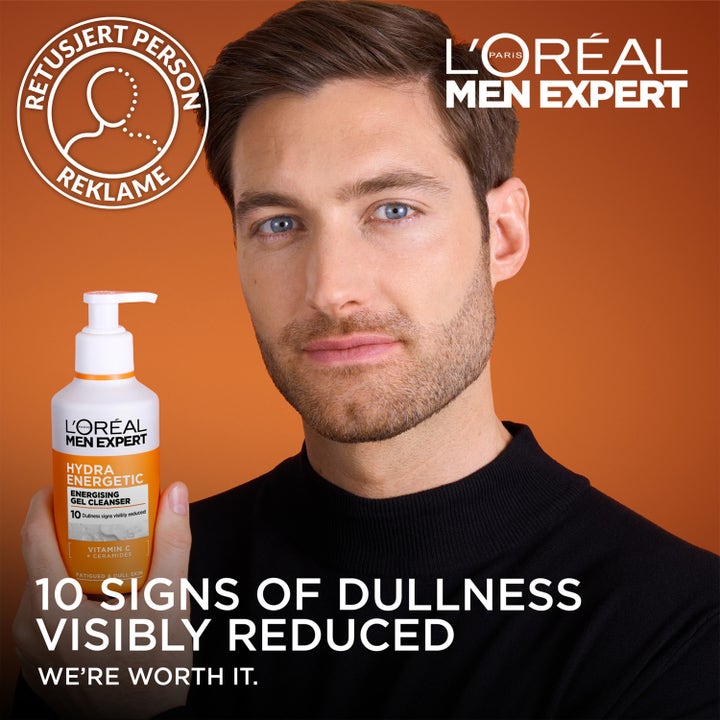L'Oréal Paris Men Expert Hydra Energetic Vitamin C Cleanser 260 ml ansiktsrens som gir glød vist med en mann