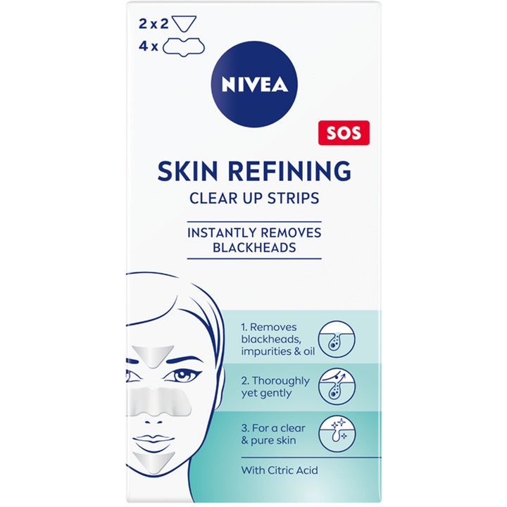NIVEA Refining Clear-Up Strips 6 stk fjerner hudormer i hvit eske med SOS-merke og ansiktsillustrasjon