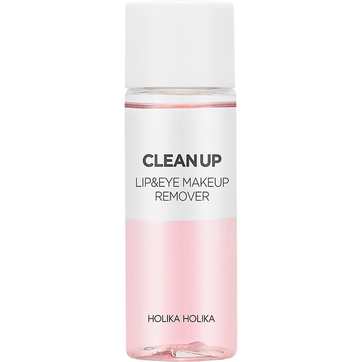 Holika Holika Clean Up Lip &amp; Eye Makeup Remover fjerner sminke effektivt med tofaset rosa væske i klar flaske.