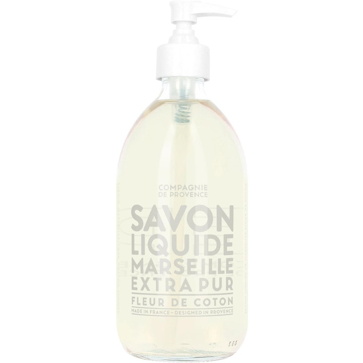 Compagnie de Provence Savon Liquide Fleur de Coton 500 ml flytende såpe gir skånsom vask i klar flaske med hvit pumpe
