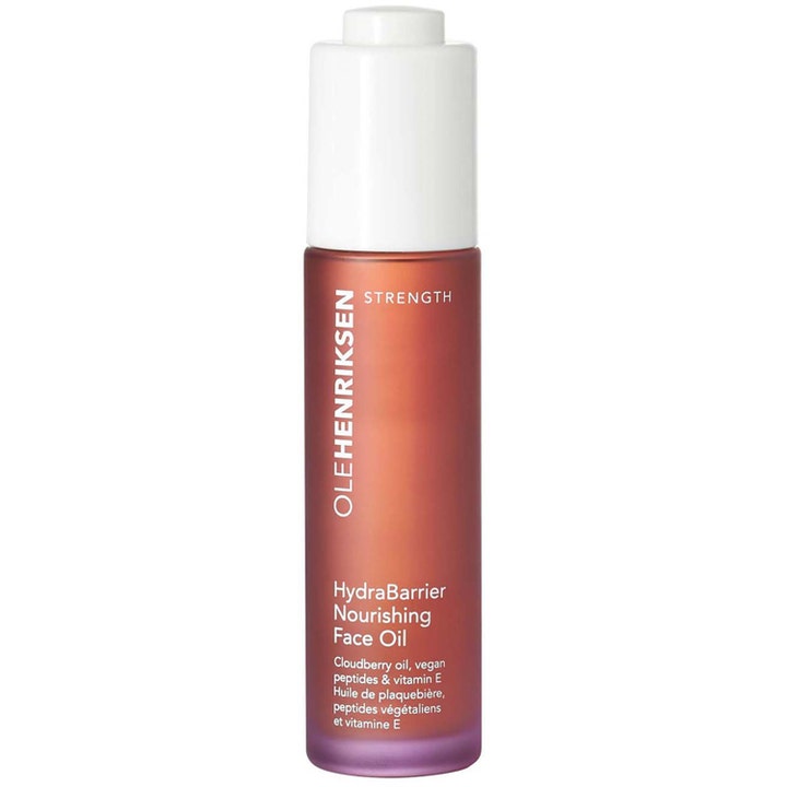 Olehenriksen HydraBarrier Nourishing Face Oil 30ml nærende ansiktsolje i frostet rødbrun glassflaske med hvit kork