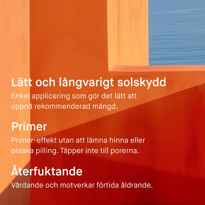 EVY Technology Daily UV Face 75 ml solkrem med SPF 30 og primer-effekt på en oransje vegg med utsikt over havet.