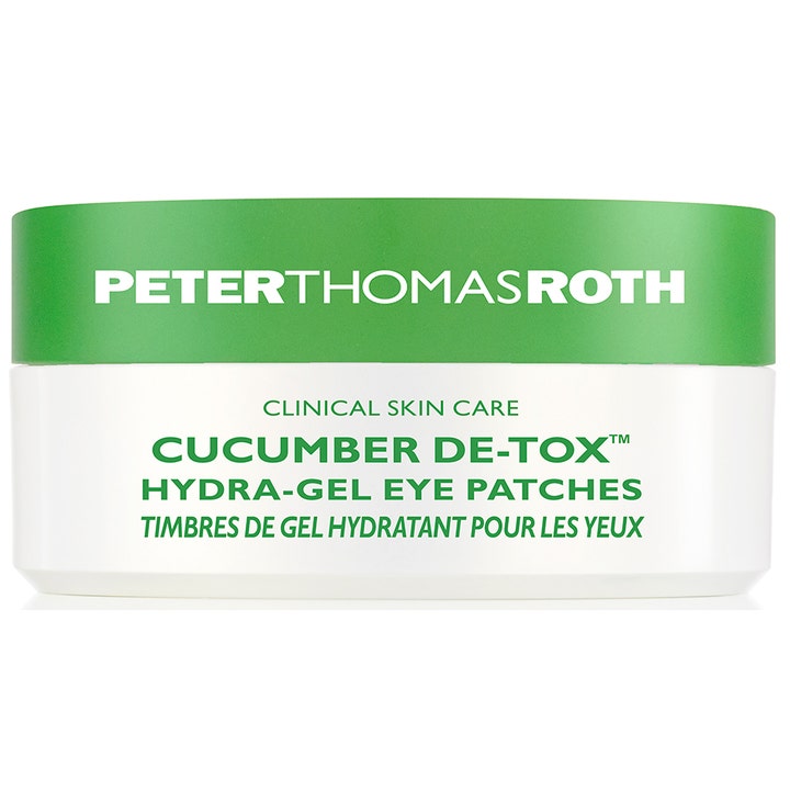 Peter Thomas Roth Cucumber De-Tox Hydra-Gel Eye Patches 60 stk som beroliger i hvit krukke med grønt lokk.