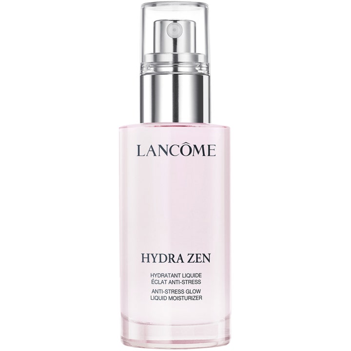 Lancôme Hydra Zen Anti-Stress Glow Liquid Moisturizer fuktighetskrem gir glød i en rosa flaske med sølvpumpe