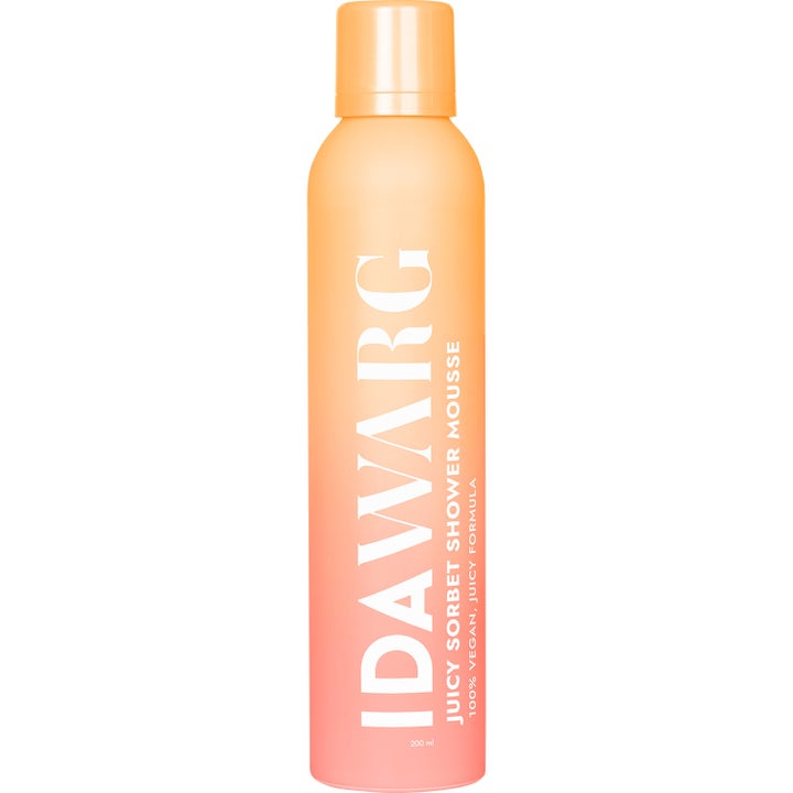 Ida Warg Juicy Sorbet Shower Mousse 200 ml vegansk dusjskum i ferskenfarget og rosa gradert flaske med oransje kork