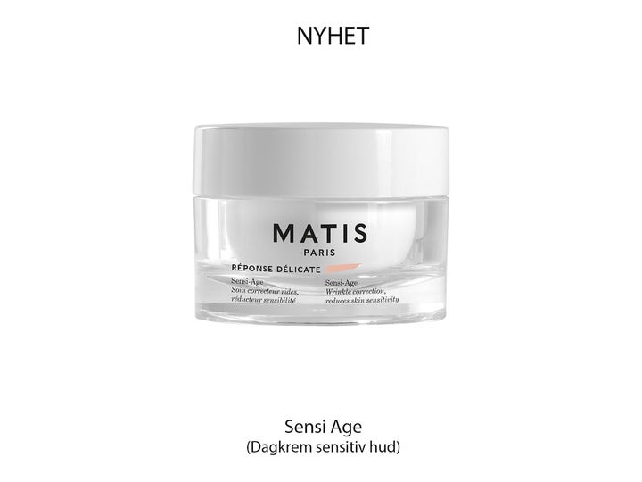 Matis Délicate Sensi Age 50 ml rynkekorrigerende dagkrem for sensitiv hud i en stilren glasskrukke med hvitt lokk.