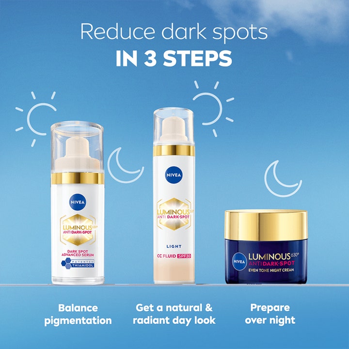NIVEA Luminous 630 CC Fluid 40 ml mot mørke flekker vist i en 3-trinns hudpleierutine for en jevnere hudtone