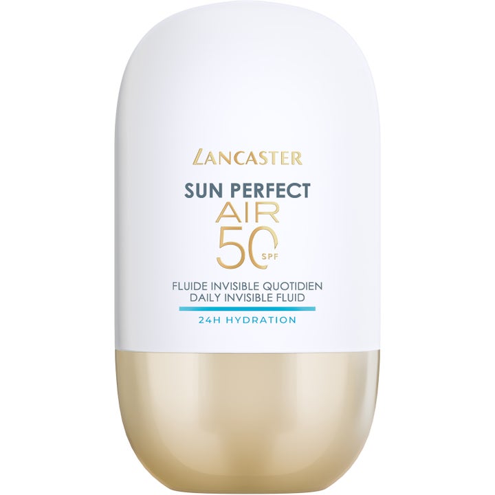 Lancaster Sun Perfect Air SPF 50 solkrem gir 24 timers fuktighet i en hvit kapselformet beholder med gullbunn.