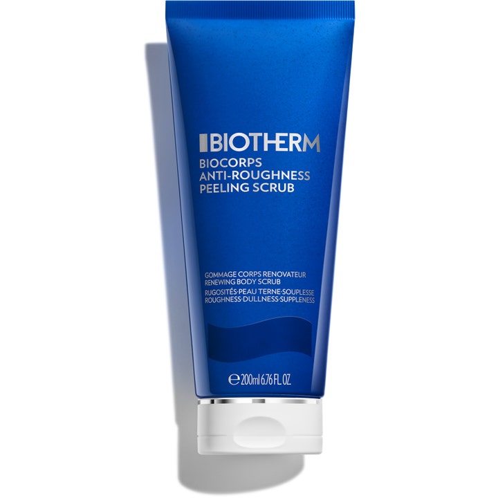 Biotherm Biocorps Anti-Roughness Peeling Scrub 200 ml fornyende kroppsskrubb i en dyp blå tube med hvitt lokk