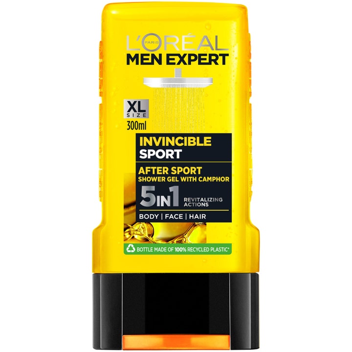 L'Oréal Men Expert Invincible Sport 300ml revitaliserende dusjgelé med kamfer i en gul plastflaske med sort lokk.