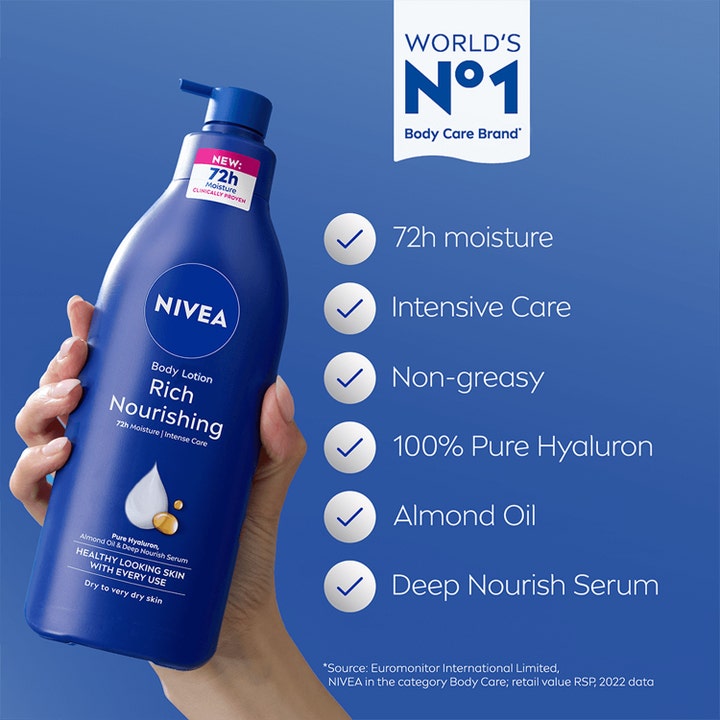 NIVEA Rich Nourishing Body Lotion 400 ml i blå pumpeflaske gir 72h moisture med mandelolje og Deep Nourish Serum.