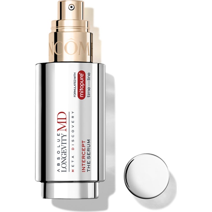 Lancôme Absolue Longevity MD Intercept The Serum anti-age serum i sølvfarget beholder med gullpumpe og Mitopure.