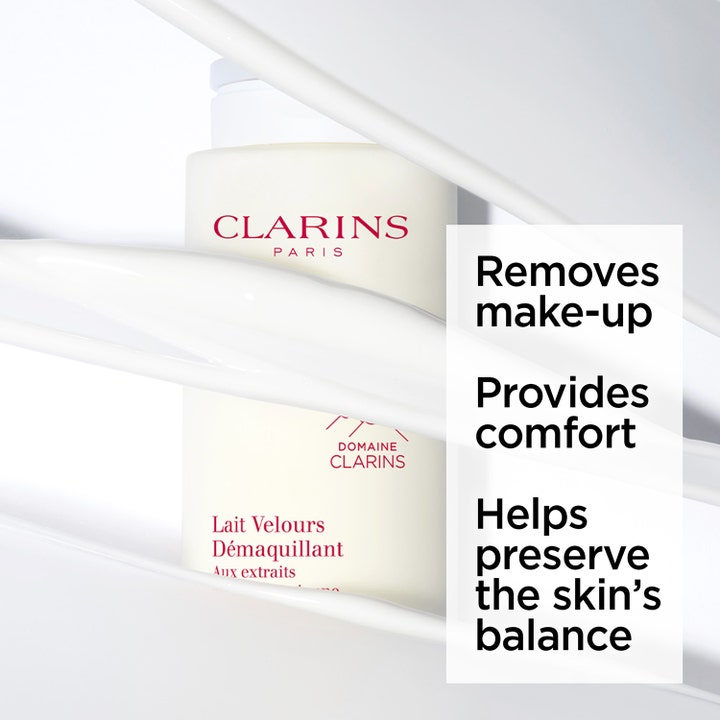 Clarins Velvet Cleansing Milk 200 ml pleiende rengjøringsmelk fjerner sminke og gir komfort med kremet hvit tekstur