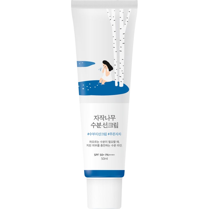 Round Lab Birch Juice Moisturizing Sun Cream 50ml fuktighetsgivende solkrem i hvit tube med blått bjørkemotiv
