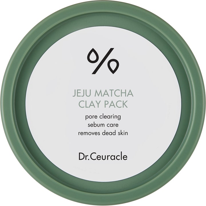 Dr. Ceuracle Jeju Matcha Clay Pack ansiktsmaske som renser porer sett ovenfra med grønt lokk og hvit etikett.