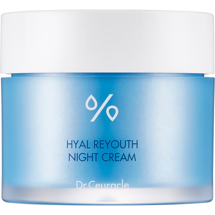 Dr. Ceuracle Hyal Reyouth Night Cream fuktighetsgivende nattkrem i en matt lyseblå glasskrukke med hvitt lokk.