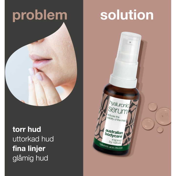 Australian Bodycare Face Serum 30 ml ansiktsserum med hyaluronsyre som motvirker tørr hud og fine linjer vist i glassflaske.