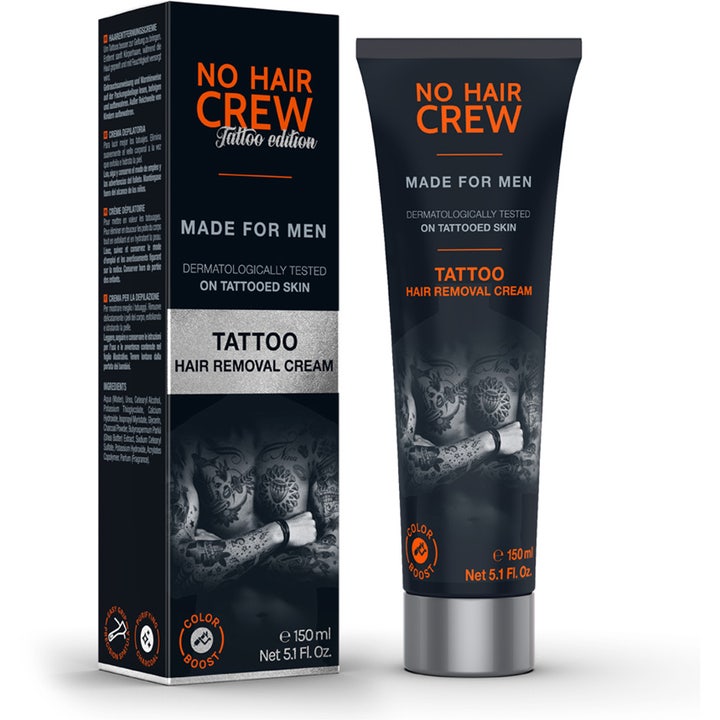 No Hair Crew Tattoo Hair Removal Cream 150 ml eksfolierende hårfjerningskrem i svart tube og eske med tatovert mann