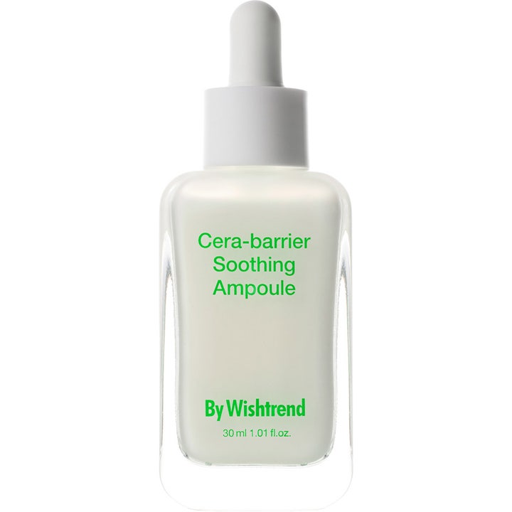 By Wishtrend Cera-barrier Soothing Ampoule 30 ml beroligende ampulle i hvit frostet glassflaske med grønn tekst og hvit pipette