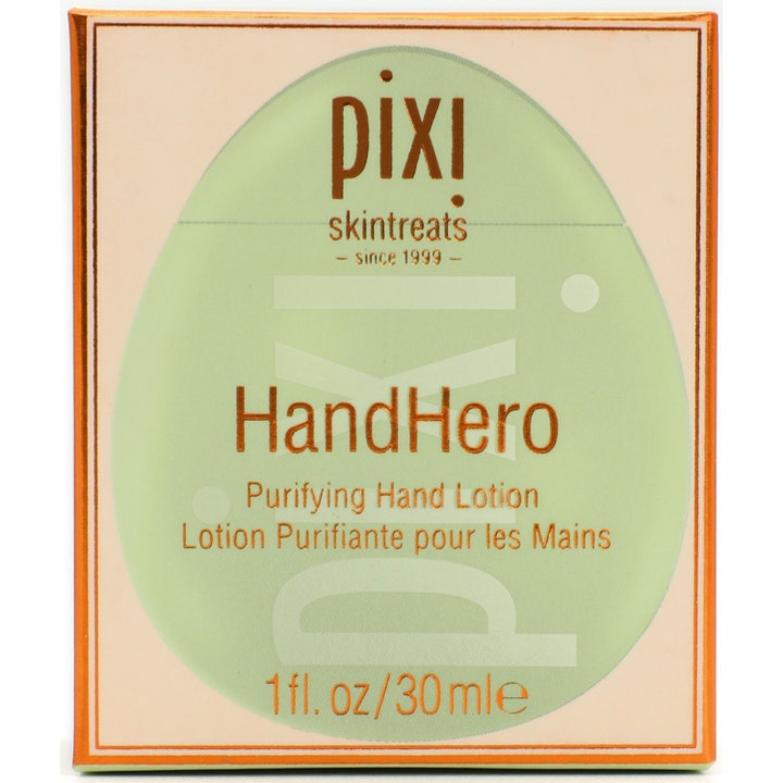 Pixi HandHero 30 ml rensende håndkrem i lys grønn og ferskenfarget eske med kobberdetaljer
