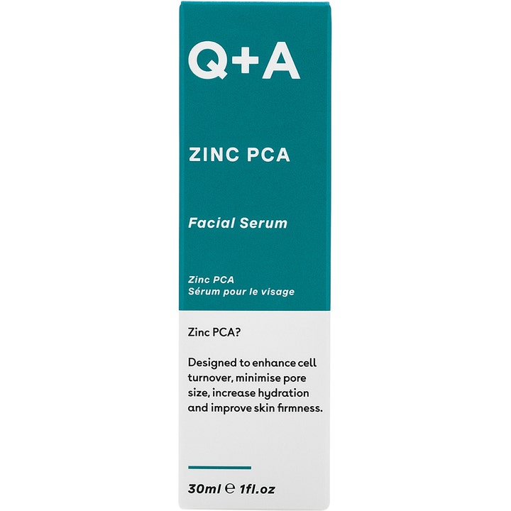 Q+A Zinc PCA Facial Serum 30 ml poreminimerende ansiktsserum i turkis og hvit pappeske
